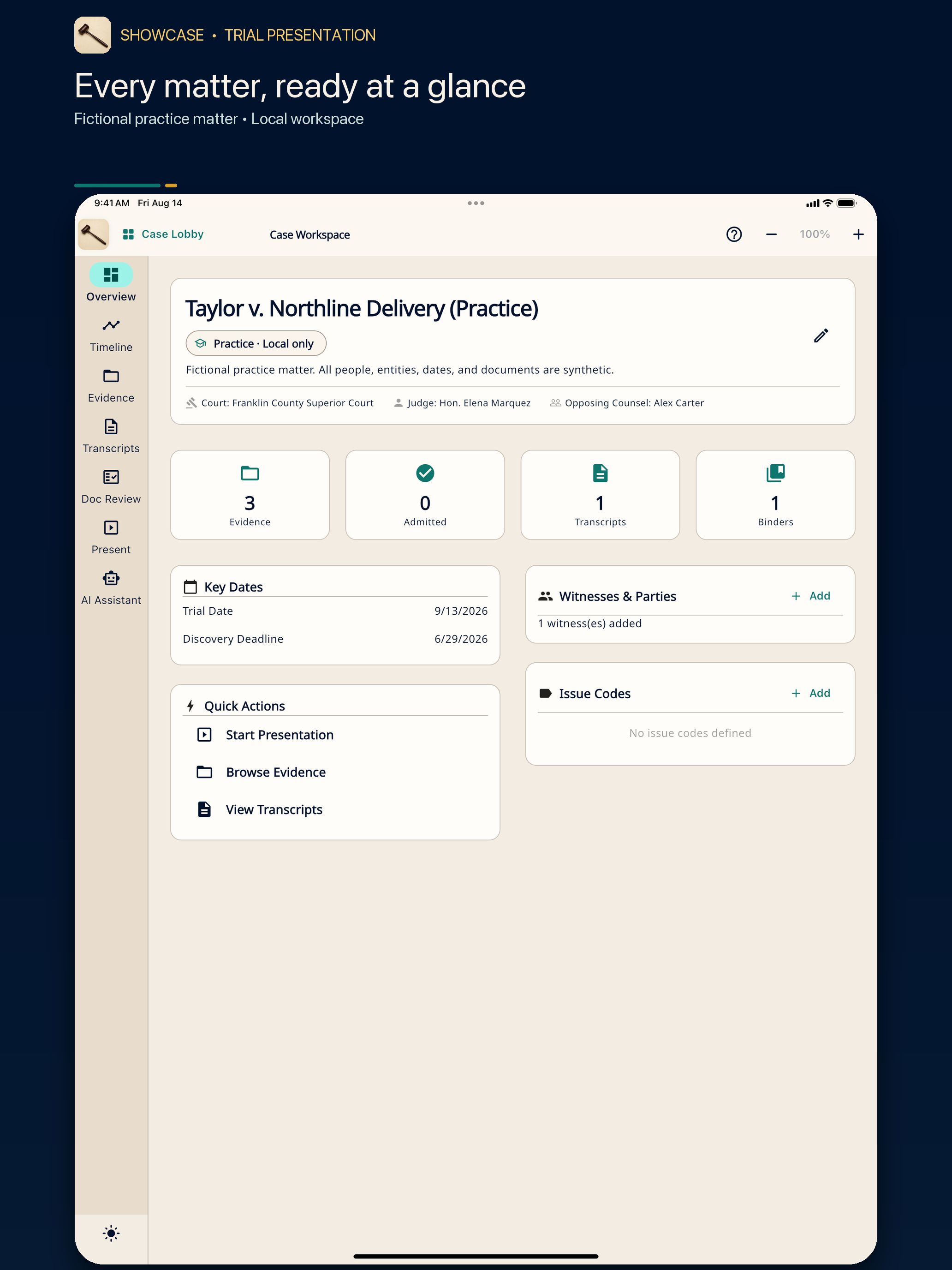 ShowCase matter overview with evidence, transcripts, timeline and presentation areas