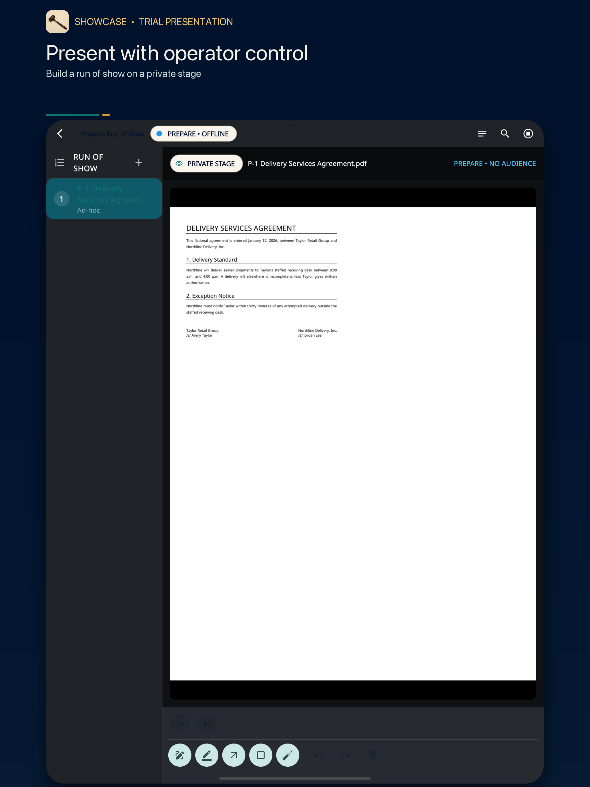 ShowCase presentation workspace with operator controls and audience stage